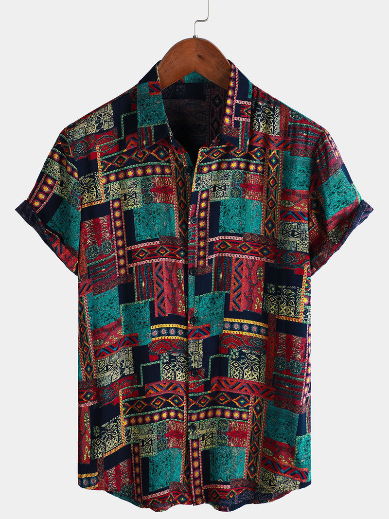 Camisa de manga corta transpirable retro festiva para hombre