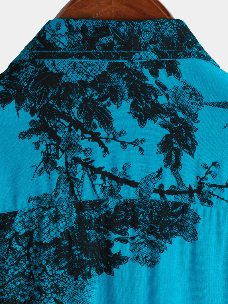 Camisa de manga corta transpirable con estampado floral retro azul para hombre