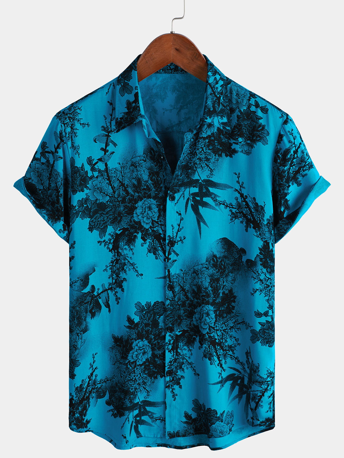 Camisa de manga corta transpirable con estampado floral retro azul para hombre