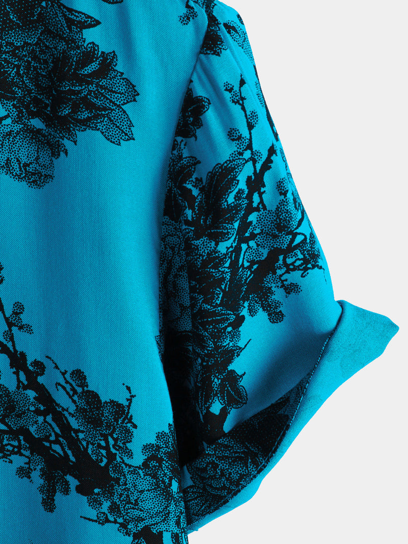 Camisa de manga corta transpirable con estampado floral retro azul para hombre