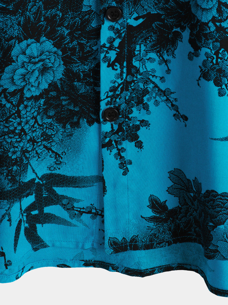Camisa de manga corta transpirable con estampado floral retro azul para hombre
