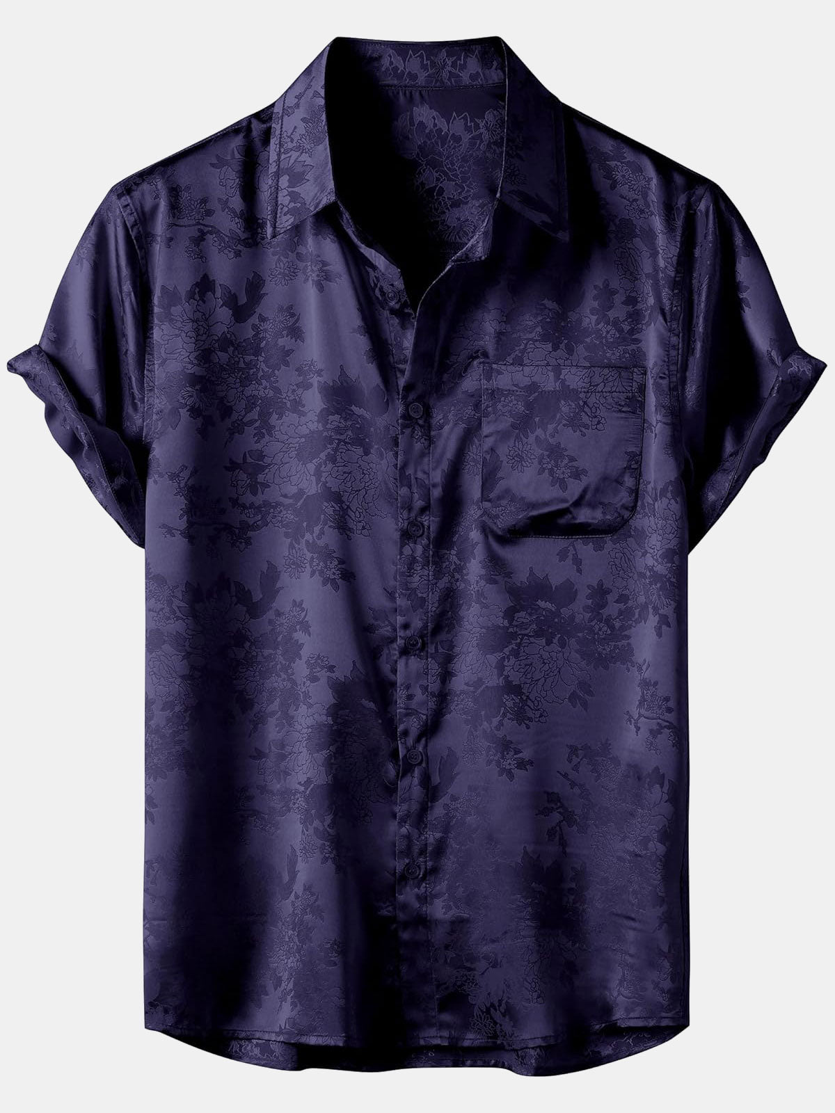Camisa de manga corta de satén de seda con bolsillo y jacquard floral para hombre