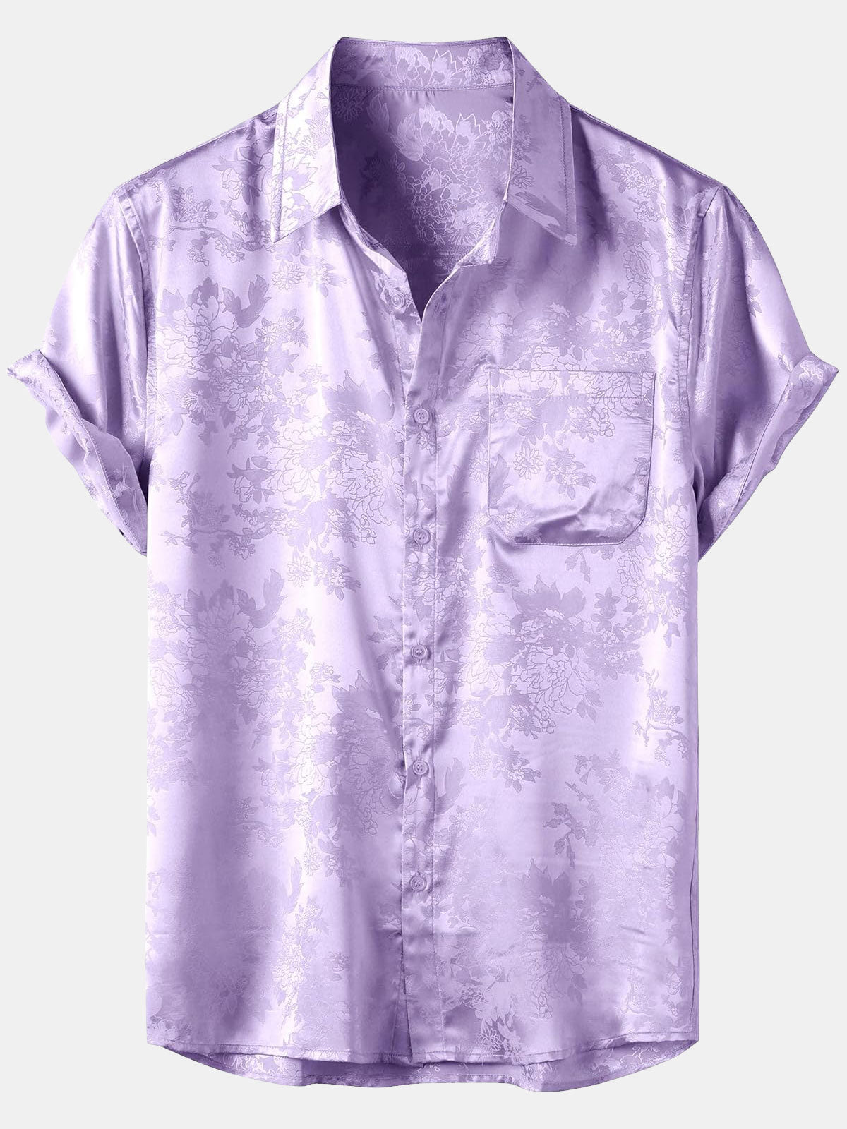 Camisa de manga corta de satén de seda con bolsillo y jacquard floral para hombre
