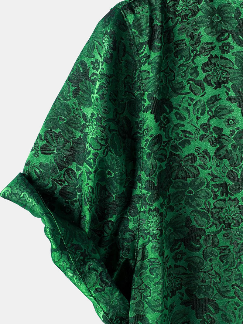 Camisa de manga corta de satén de seda jacquard con estampado floral para hombre