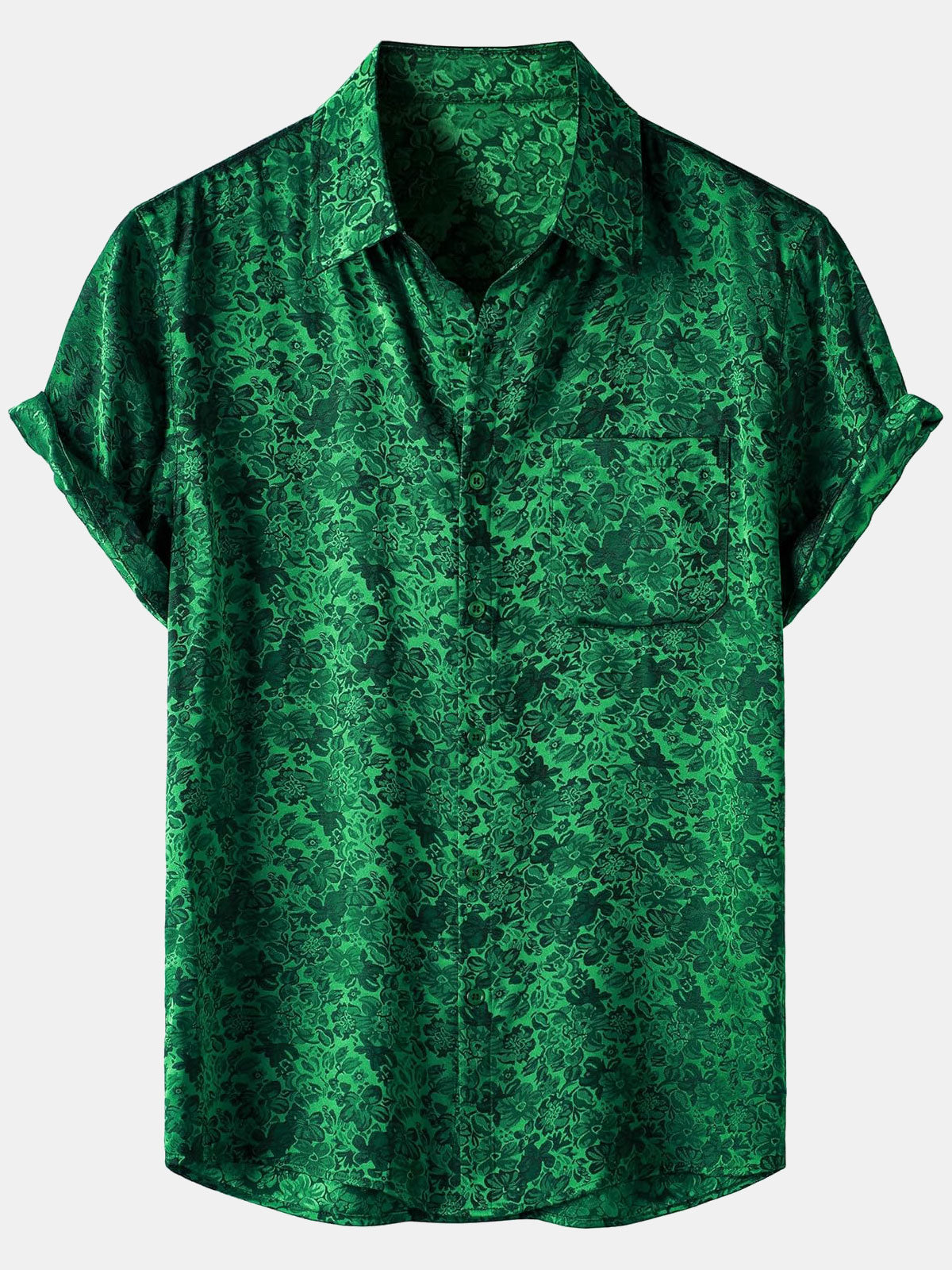 Camisa de manga corta de satén de seda jacquard con estampado floral para hombre