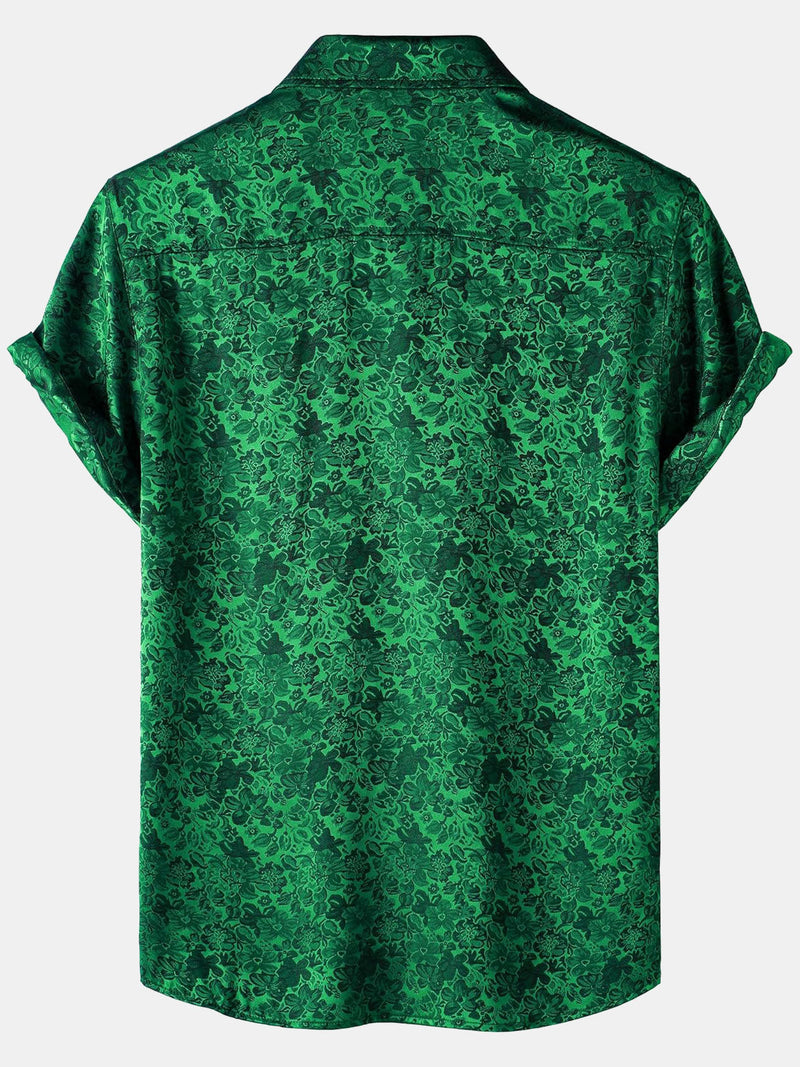 Camisa de manga corta de satén de seda jacquard con estampado floral para hombre