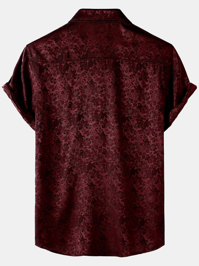 Camisa de manga corta de satén de seda jacquard con estampado floral para hombre
