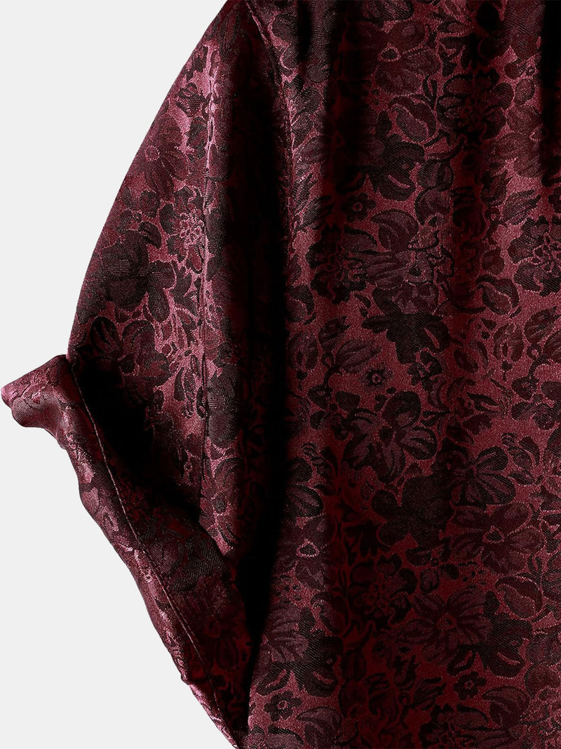 Camisa de manga corta de satén de seda jacquard con estampado floral para hombre