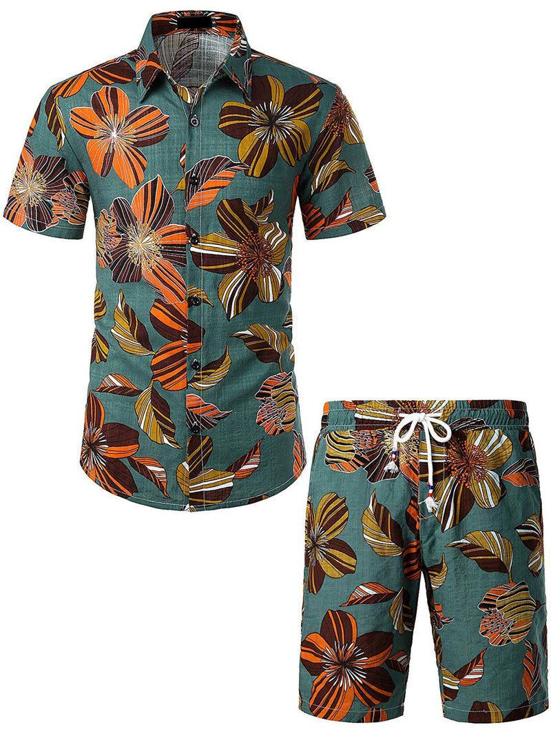 Conjunto de camisa y pantalones cortos a juego con estampado floral hawaiano tropical para hombres