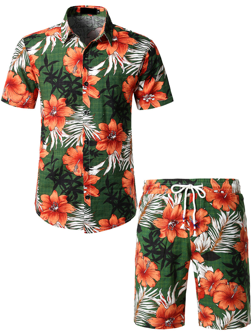 Conjunto de camisa y pantalones cortos a juego con estampado floral hawaiano tropical para hombres