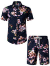 Conjunto de camisa y pantalones cortos a juego con estampado floral hawaiano tropical para hombres