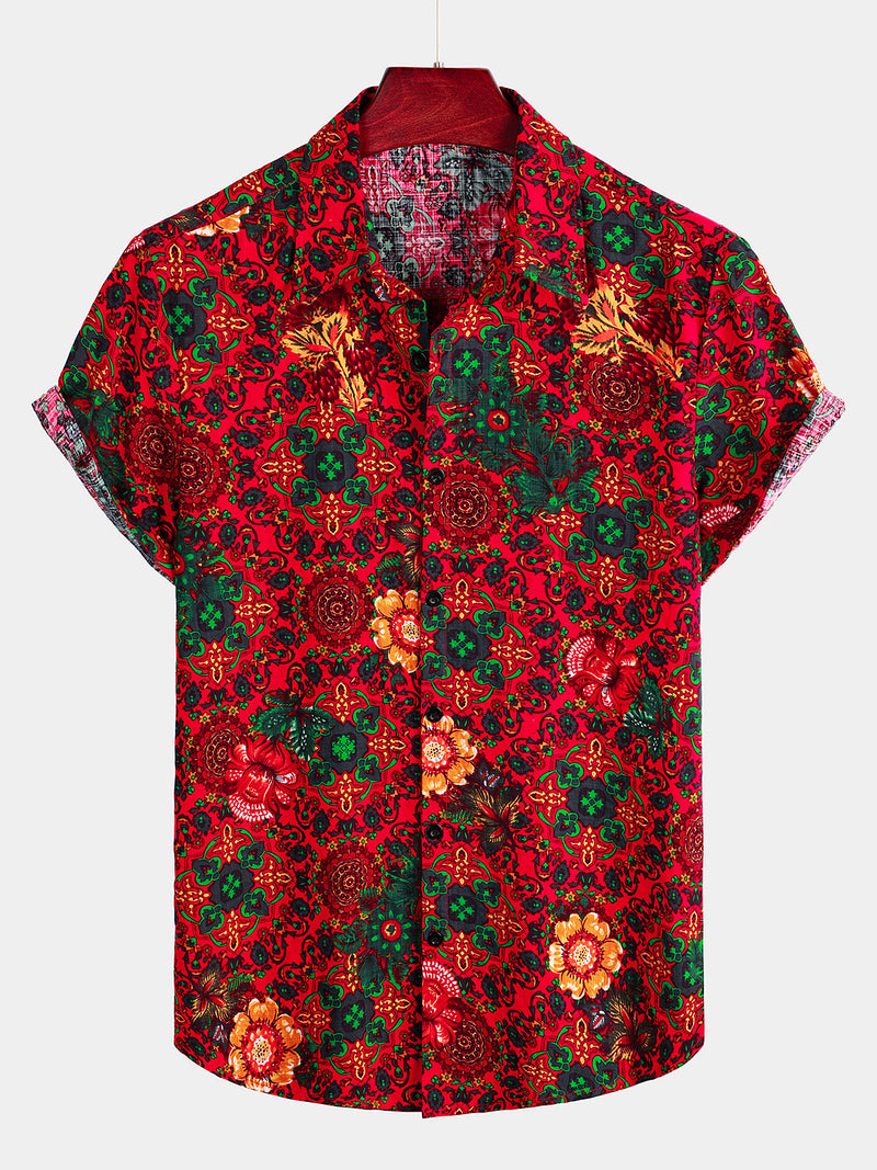 Camisa hawaiana de algodón de manga corta con estampado floral vintage para hombres ideal para el verano