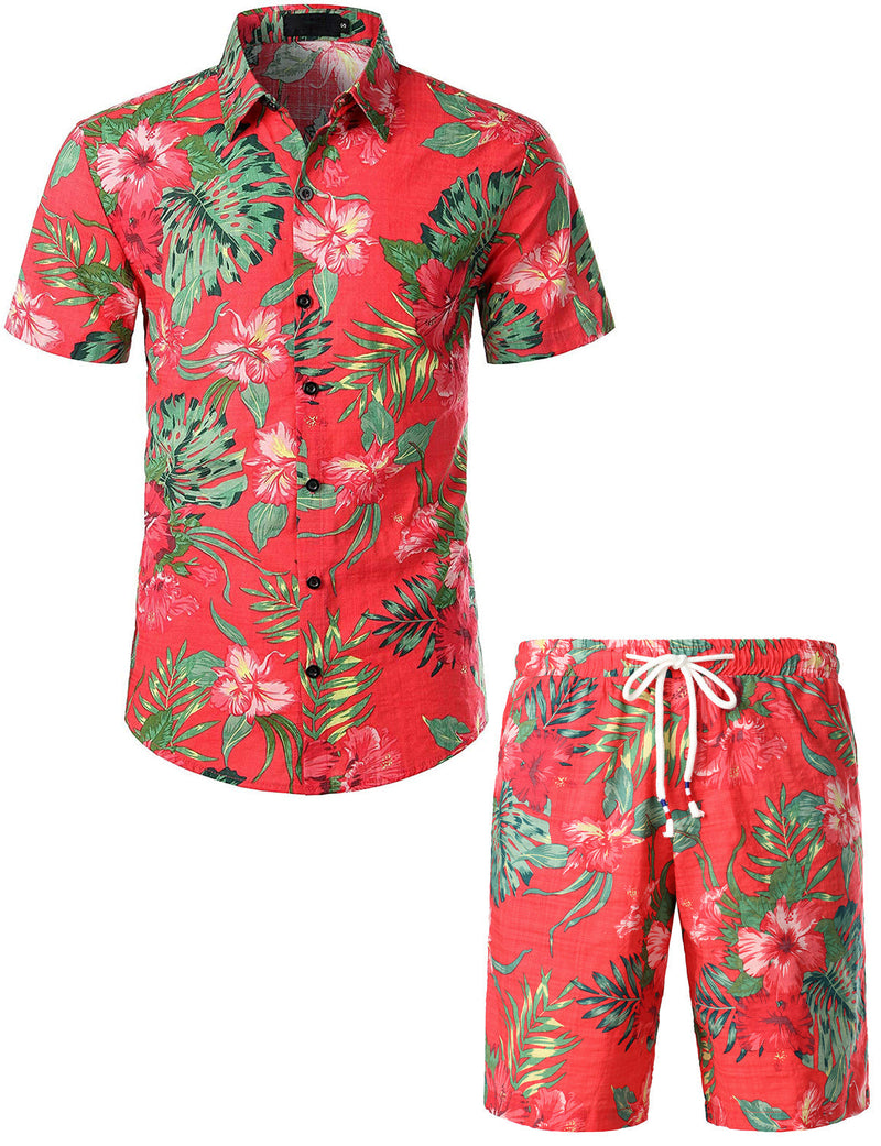 Conjunto de camisa y pantalones cortos a juego con estampado floral hawaiano tropical para hombres