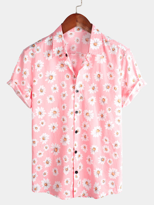 Camisa hawaiana de algodón con estampado floral de margaritas y botones de manga corta para verano para hombre