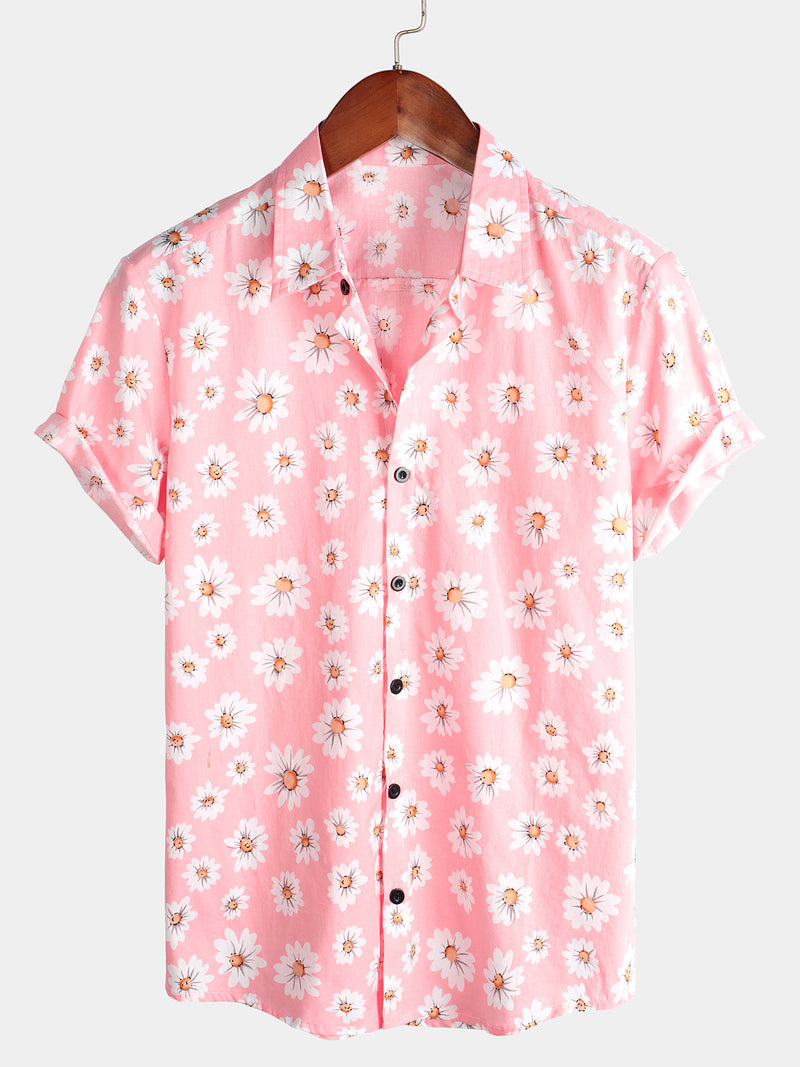 Camisa hawaiana de algodón de manga corta con estampado floral de margaritas para hombre