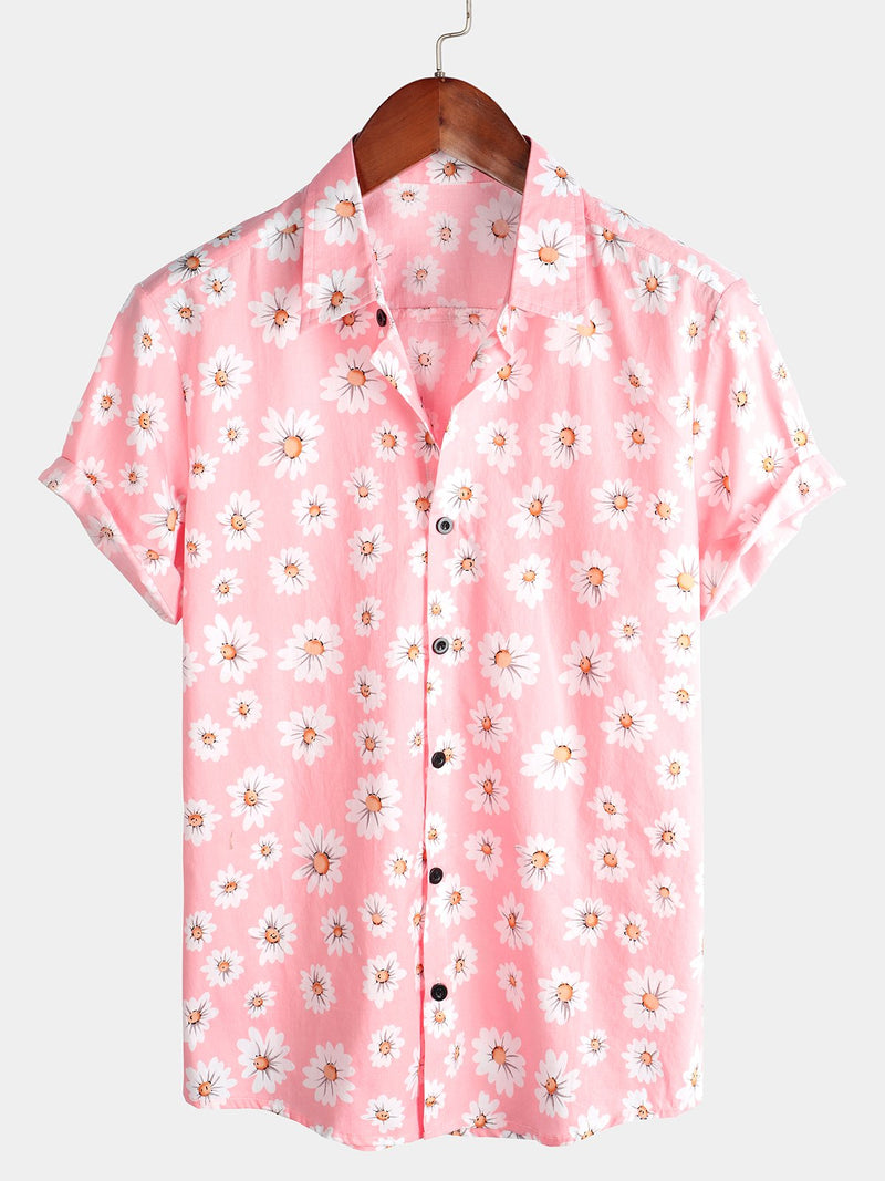 Camisa de algodón hawaiana tropical con estampado floral de margaritas rosas para hombre