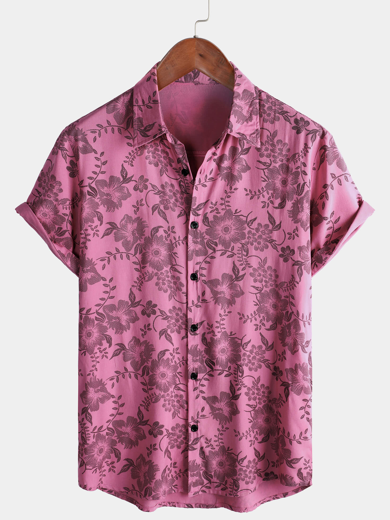 Camisa hawaiana de manga corta transpirable con estampado floral vintage rosa para hombre