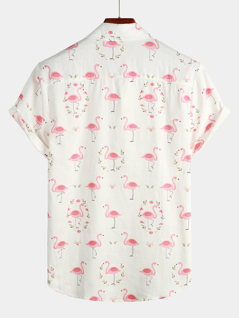 Camisa casual de manga corta de algodón para hombres con estampado de flamencos