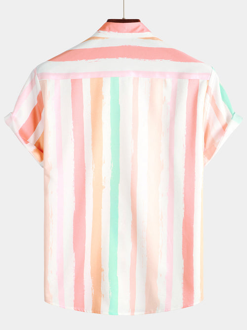 Camisa de manga corta con botones y bolsillo de rayas verticales en color rosa y blanco para hombre de verano