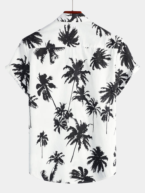 Camisa hawaiana de manga corta de algodón blanca con estampado de palmeras tropicales para verano, para playa, crucero y campamento para hombre