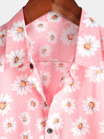 Camisa de algodón hawaiana tropical con estampado floral de margaritas rosas para hombre