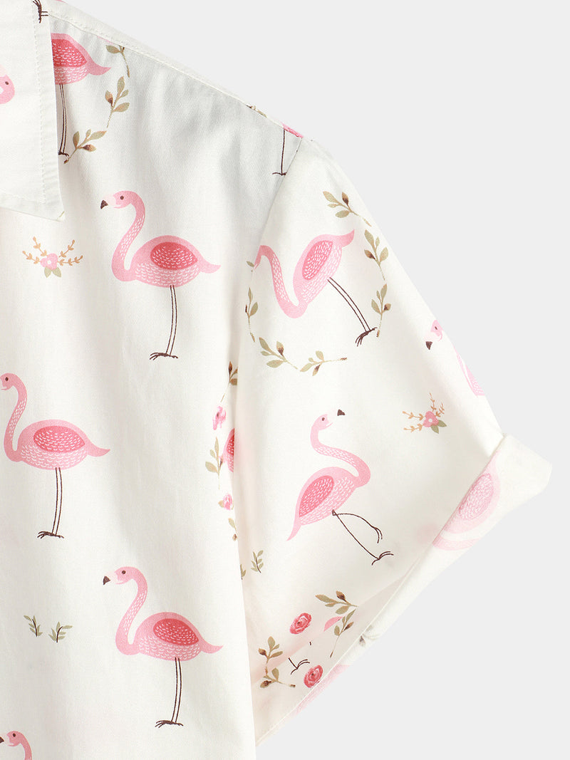 Camisa casual de manga corta de algodón para hombres con estampado de flamencos