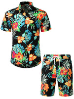 Conjunto de camisa y pantalones cortos a juego con estampado floral hawaiano tropical para hombres