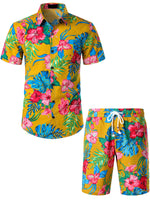 Conjunto de camisa y pantalones cortos a juego con estampado floral hawaiano tropical para hombres