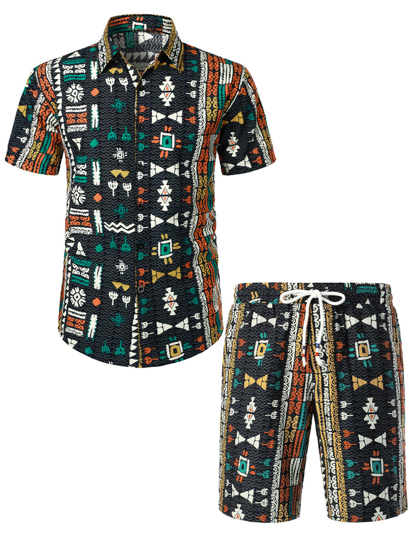 Conjunto de camisa y pantalones cortos a juego vintage verde bohemio casual de los años 70 para hombres