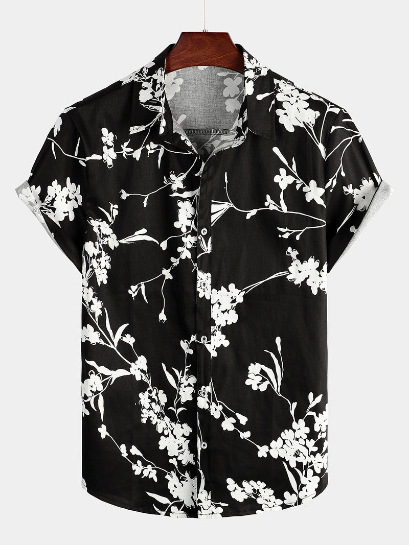 Camisa casual de algodón negra transpirable de manga corta para hombres