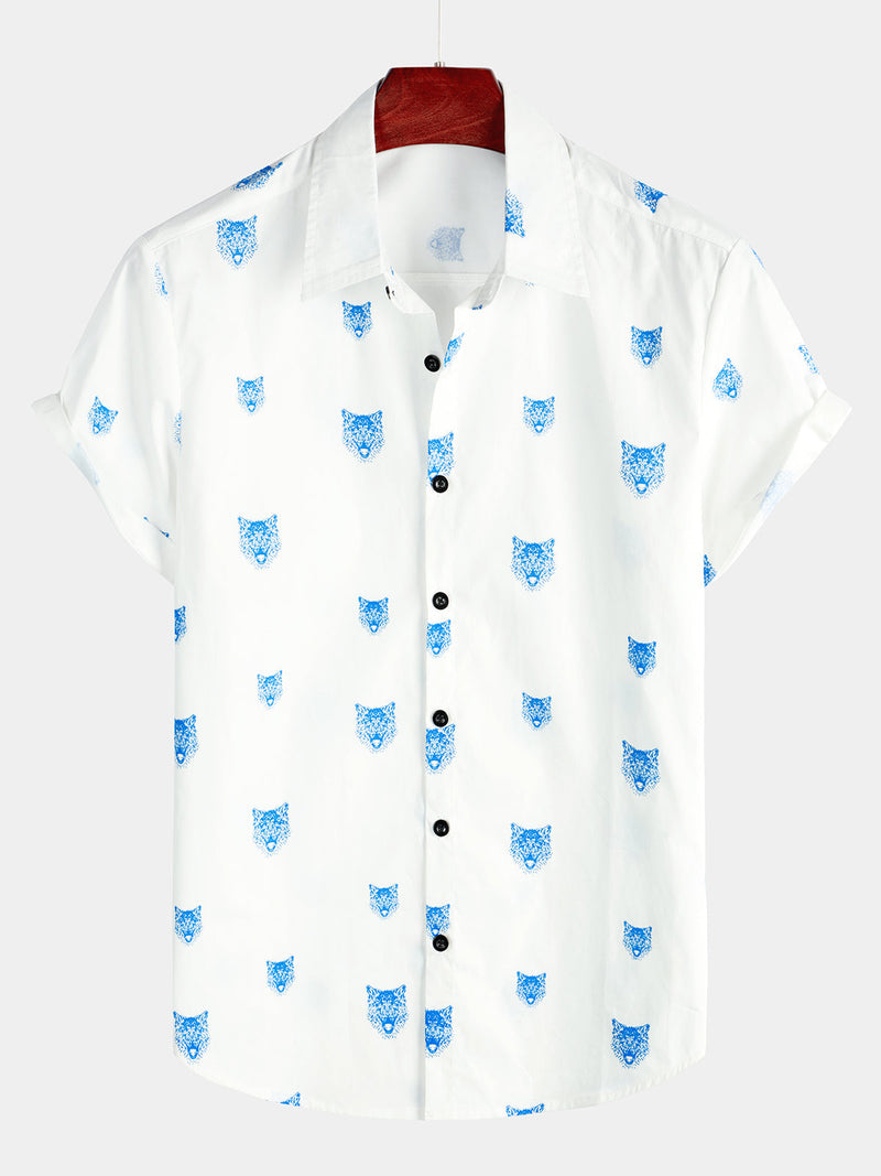 Camisa casual de hombre de manga corta blanca con botones y estampado de lobos con cuello tipo solapa