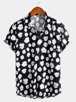 Camisa negra de algodón hawaiana con estampado floral de margaritas para hombre