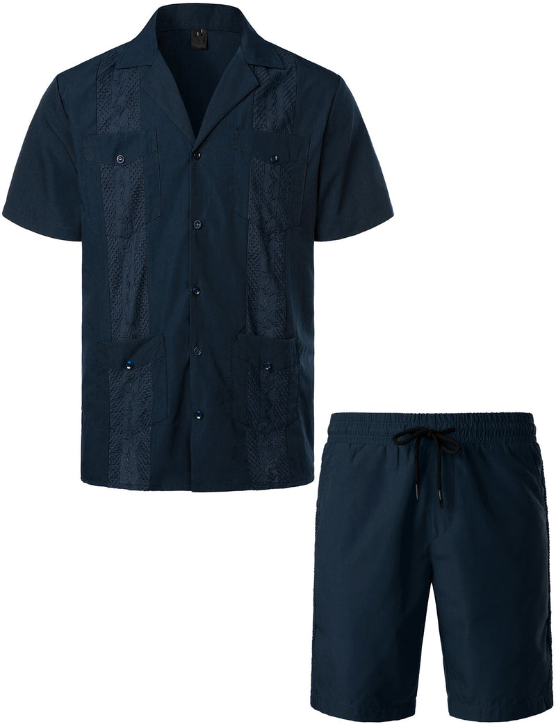 Conjunto de camisa y pantalones cortos a juego de guayabera cubana de manga corta con botones para hombres en tallas grandes