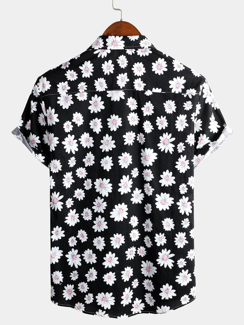 Camisa negra de algodón hawaiana con estampado floral de margaritas para hombre