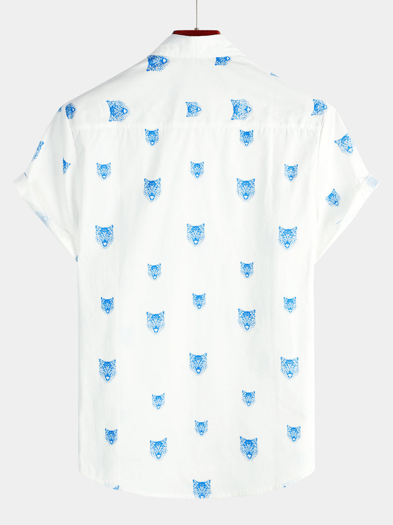 Camisa casual de hombre de manga corta blanca con botones y estampado de lobos con cuello tipo solapa