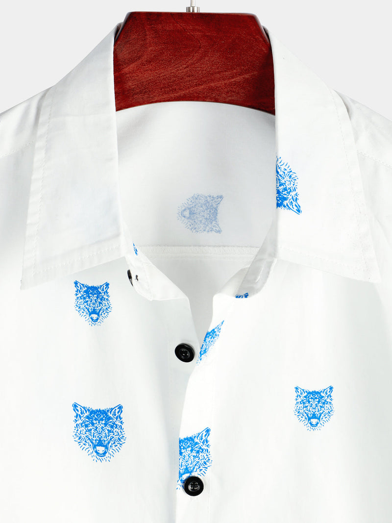 Camisa casual de hombre de manga corta blanca con botones y estampado de lobos con cuello tipo solapa