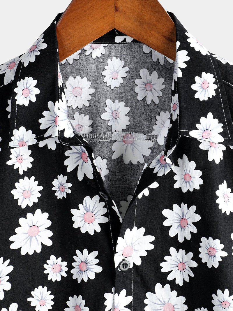 Camisa negra de algodón hawaiana con estampado floral de margaritas para hombre