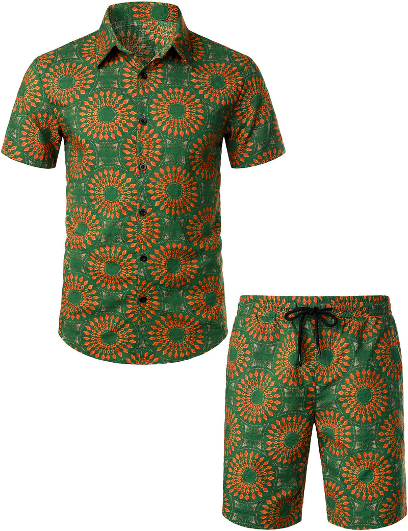 Conjunto de camisa y pantalones cortos a juego vintage verde bohemio casual de los años 70 para hombres