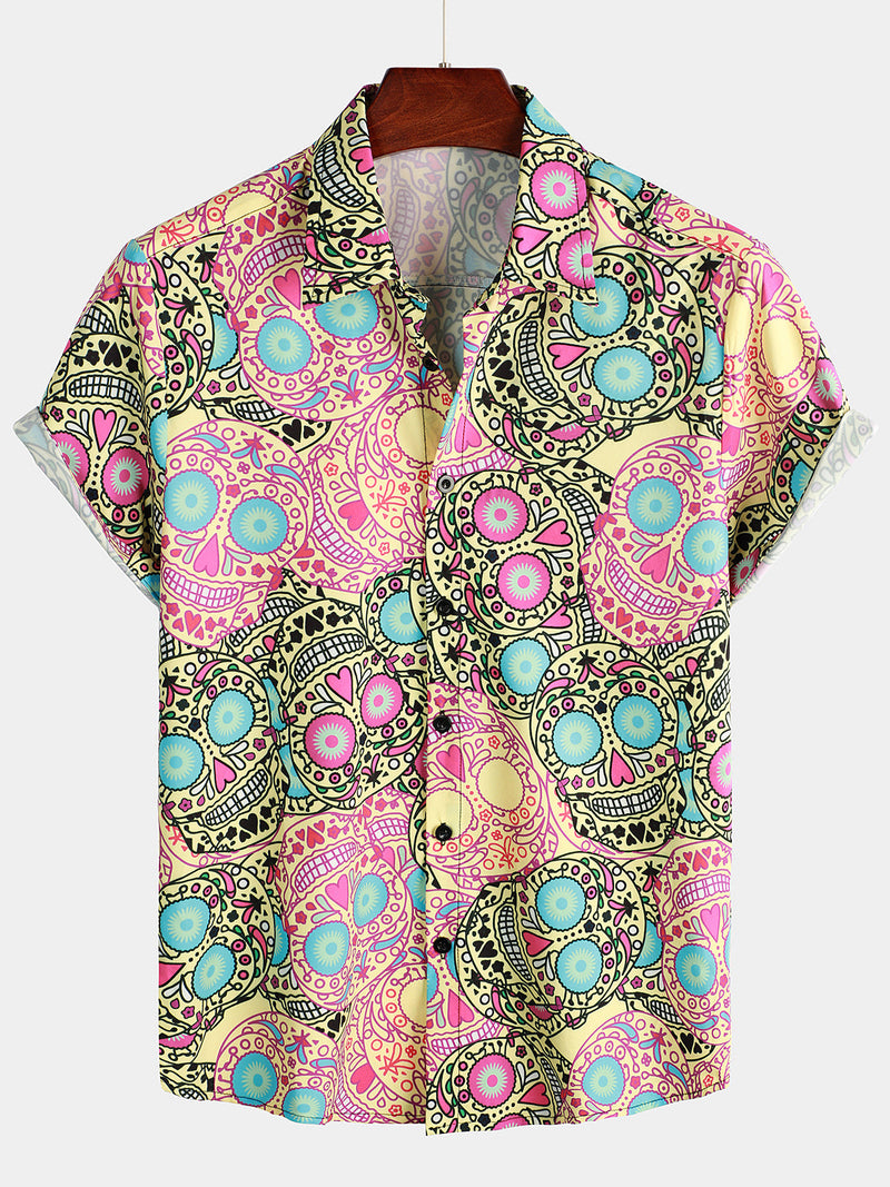 Camisa de hombre de manga corta con estampado de calaveras y rosas divertido