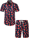 Conjunto de camisa y pantalones cortos a juego de algodón hawaiano con estampado de sandía para hombre