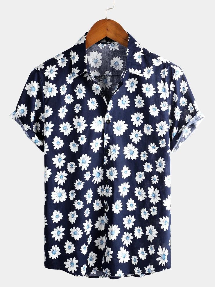 Camisa hawaiana de algodón de manga corta con estampado floral de margaritas para hombre