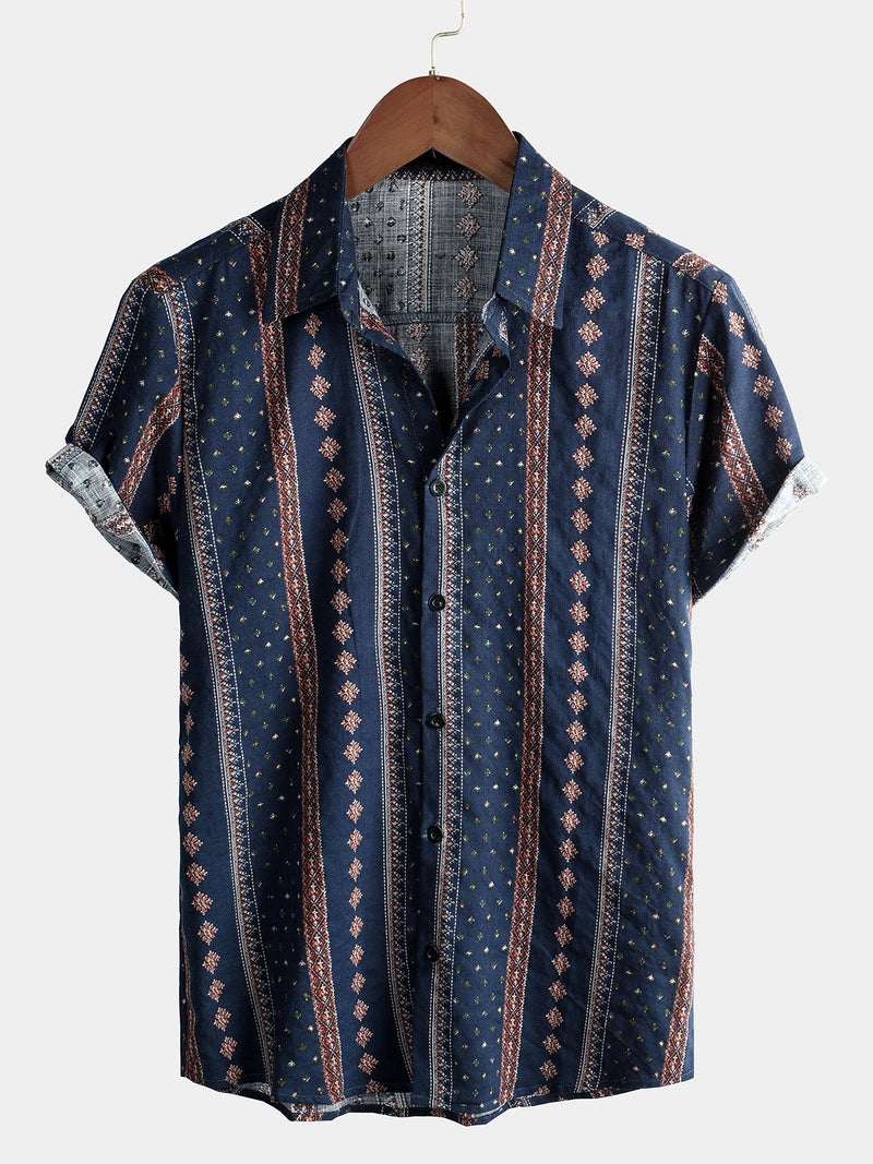 Camisa de algodón de manga corta con botones retro estilo años 70 para hombres ideal para el verano.