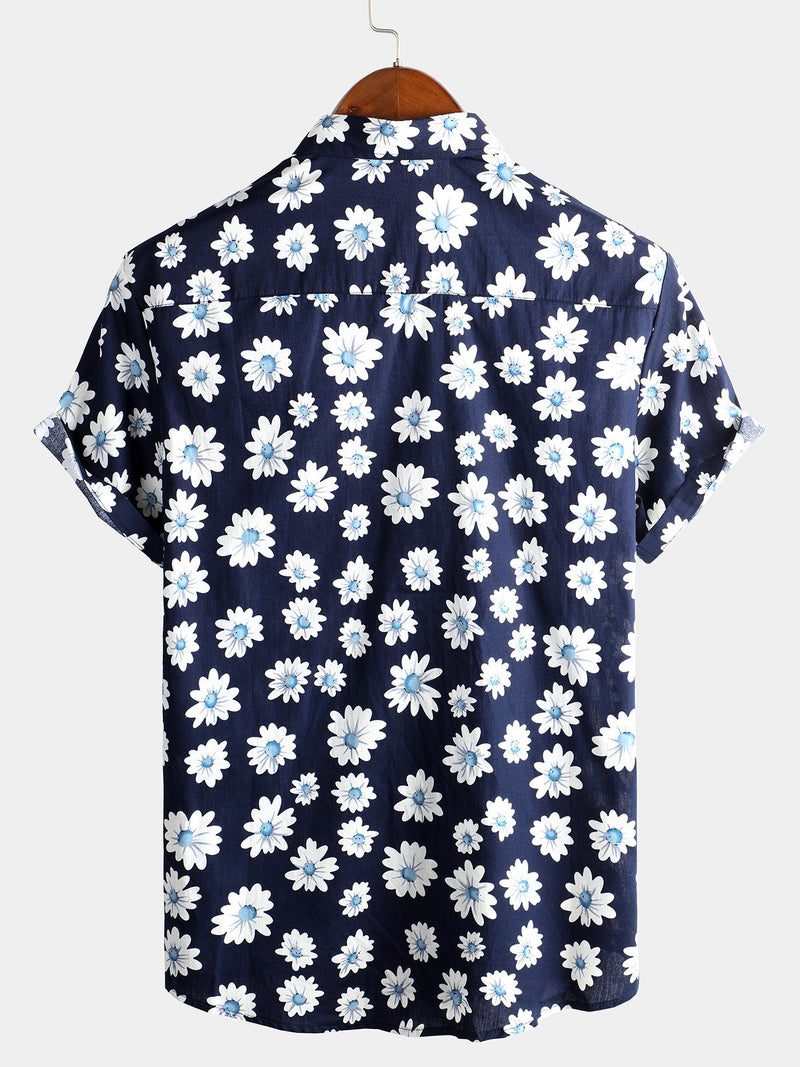 Camisa de algodón hawaiana tropical con estampado floral de margaritas para hombre