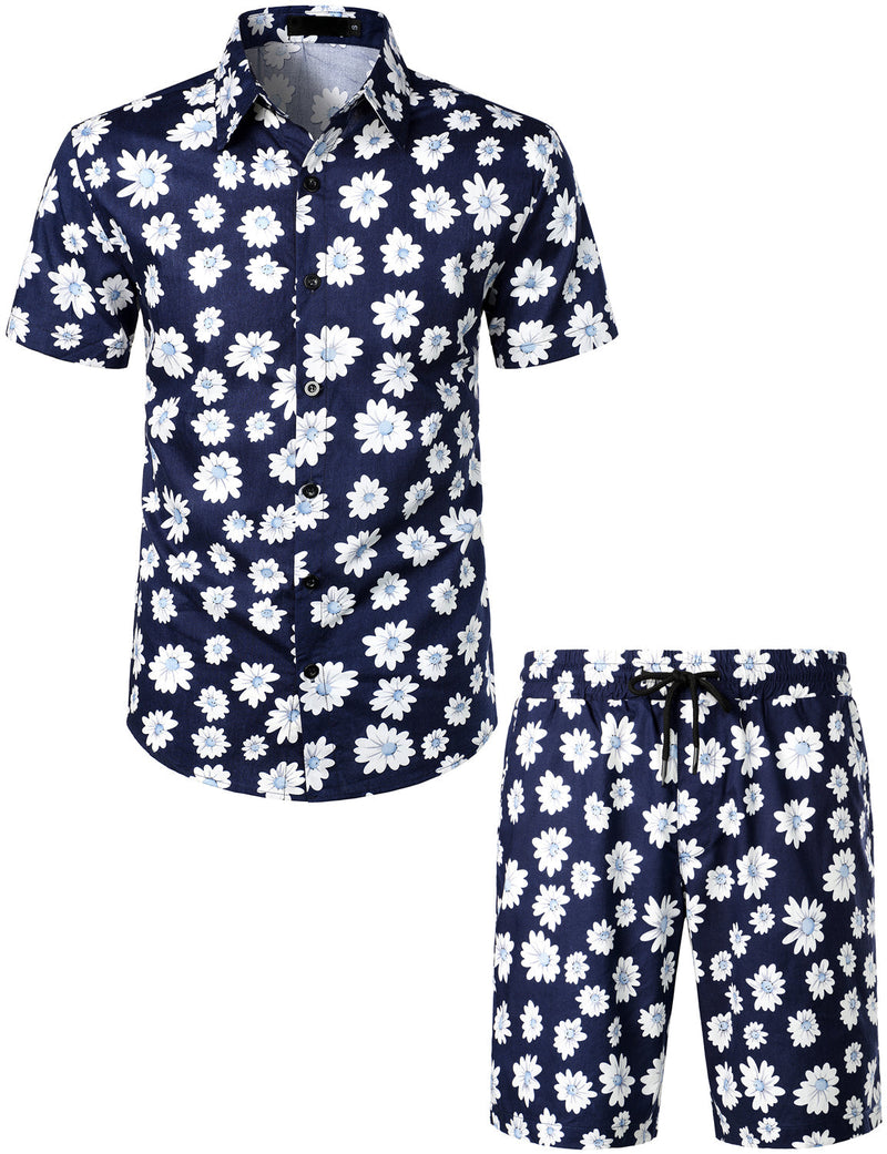 Conjunto de camisa hawaiana y pantalones cortos de algodón con estampado de flores margarita para hombres