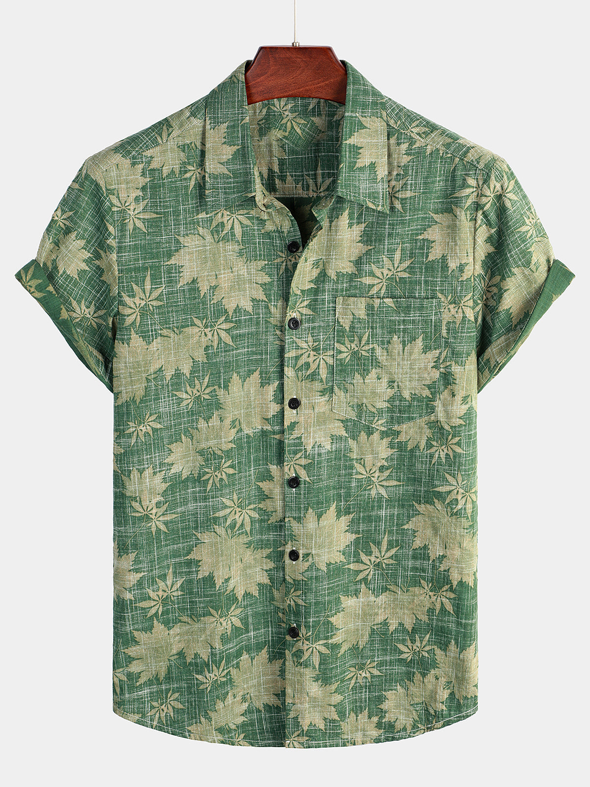 Camisa hawaiana de manga corta con bolsillo y diseño retro de hojas para hombre