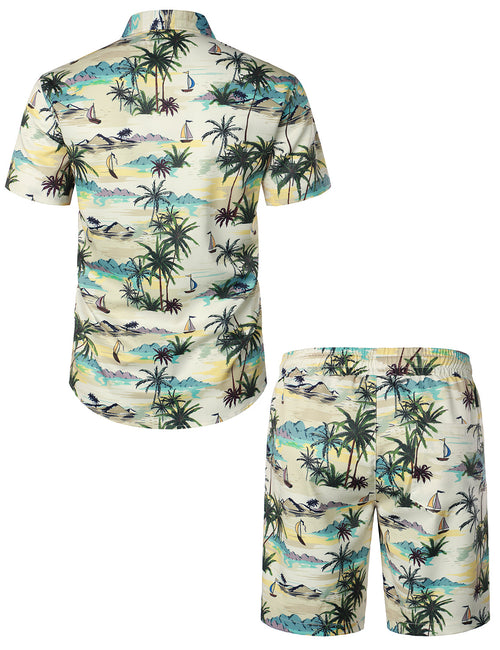 Conjunto de camisa y pantalones cortos a juego de verano casual hawaiano con palmeras en beige para hombre