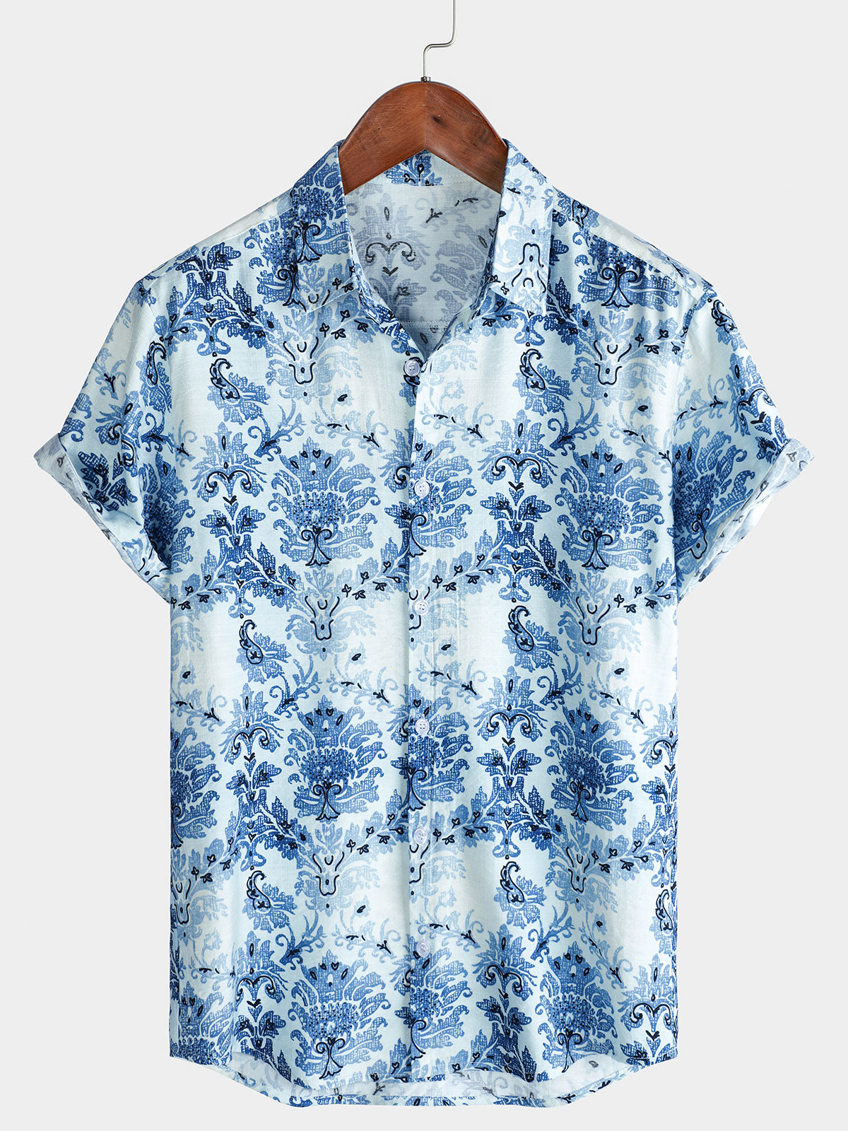 Camisa hawaiana de manga corta con estampado floral azul para hombre