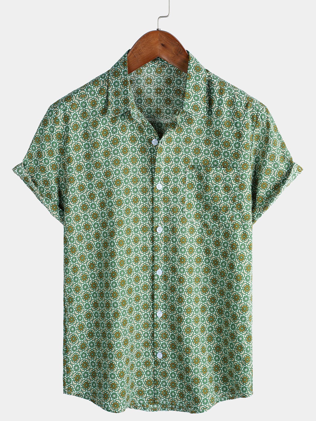 Camisa informal de manga corta de algodón ligero con estampado floral verde para hombre