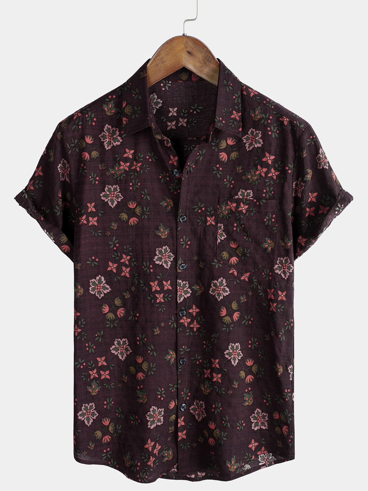Camisa hawaiana de manga corta marrón con estampado floral vintage para hombre