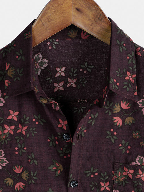 Camisa hawaiana de manga corta marrón con estampado floral vintage para hombre